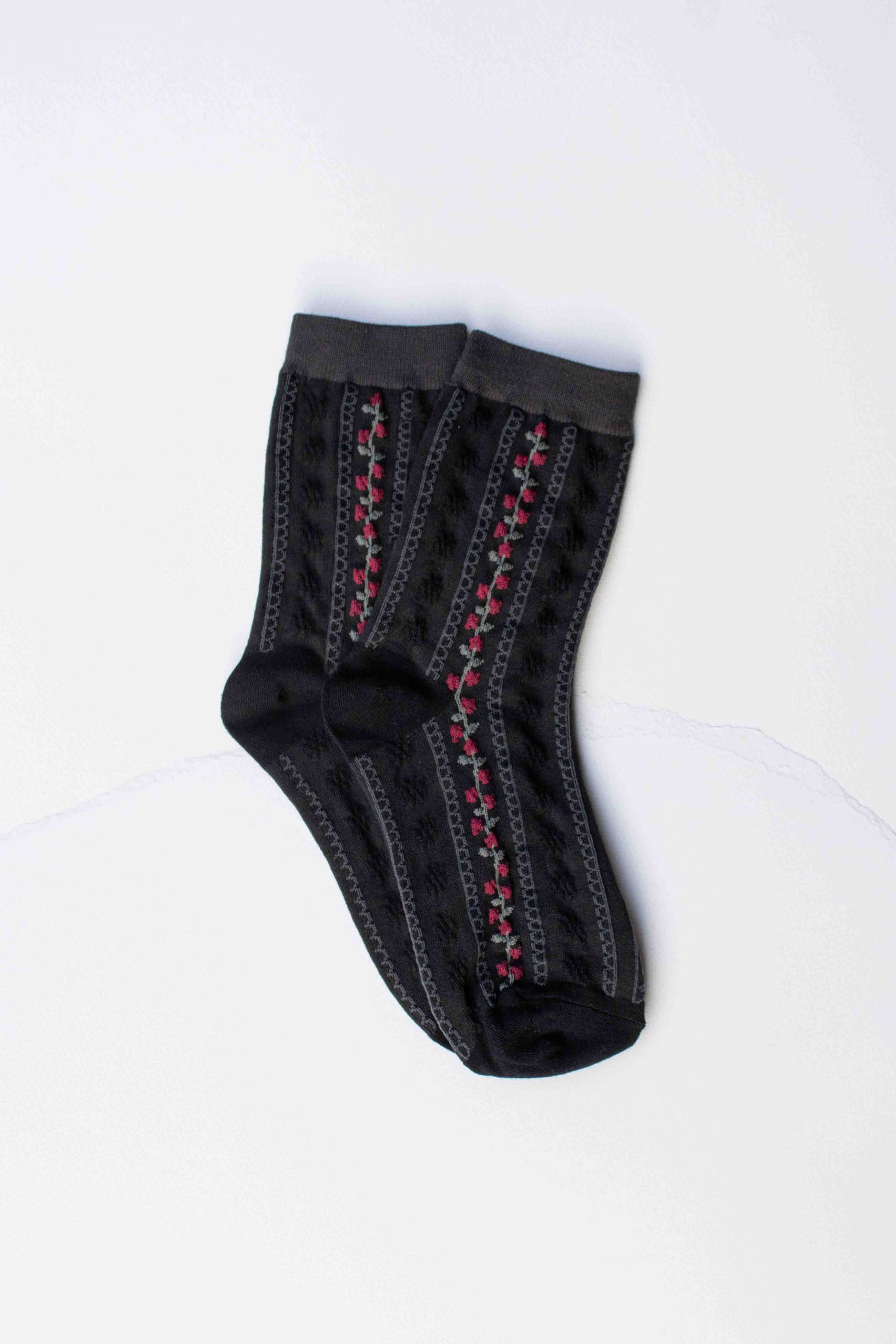 Vintage Stripe Floral Cotton Blend Socks: Black/Charcoal