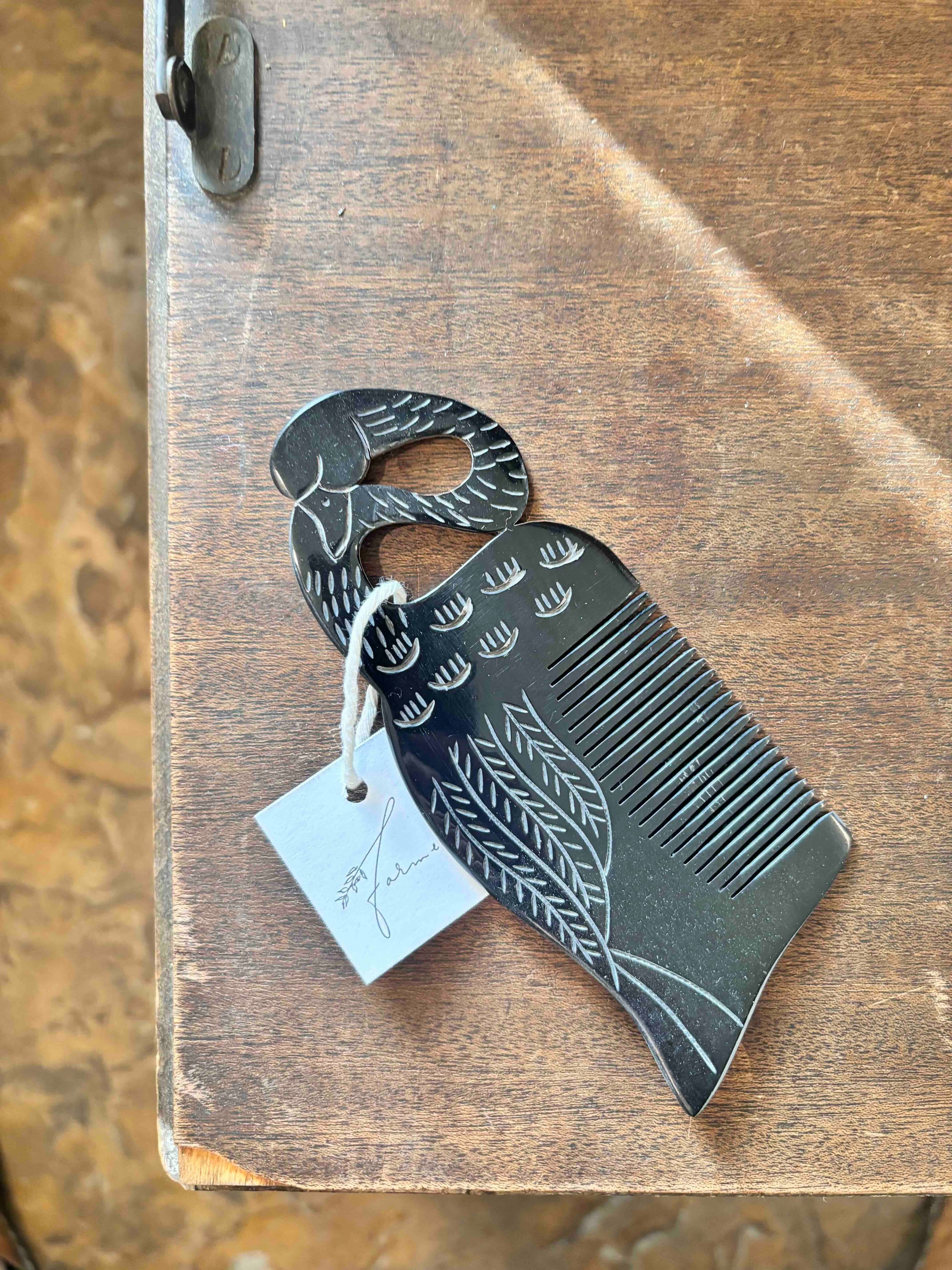 Hand Carved Black Swan Horn Comb