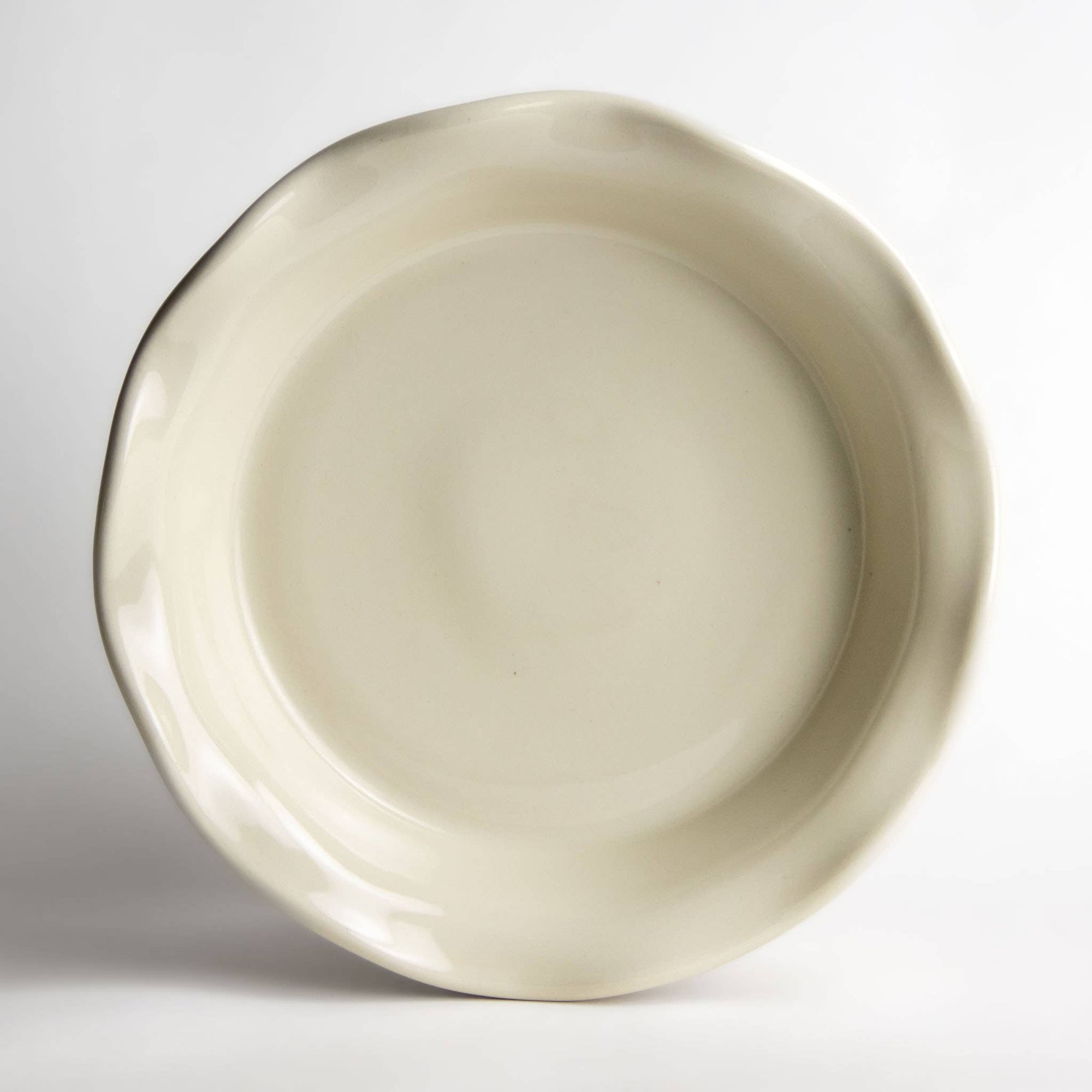 Pearl frilly pie plate, plain ceramic with scalloped rim, round shallow dish