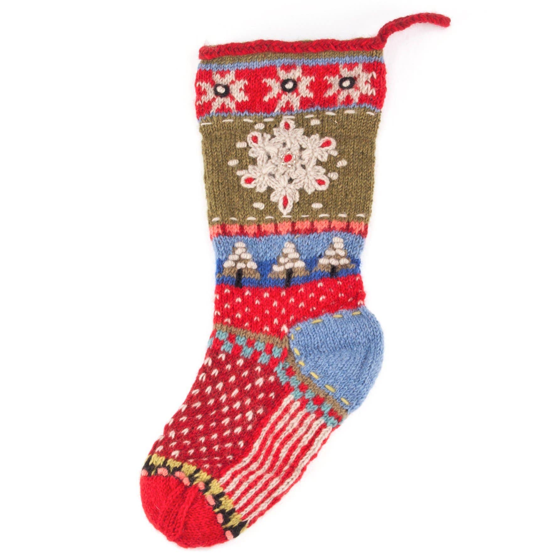 Snowflake - wool knit Christmas Stocking: Green