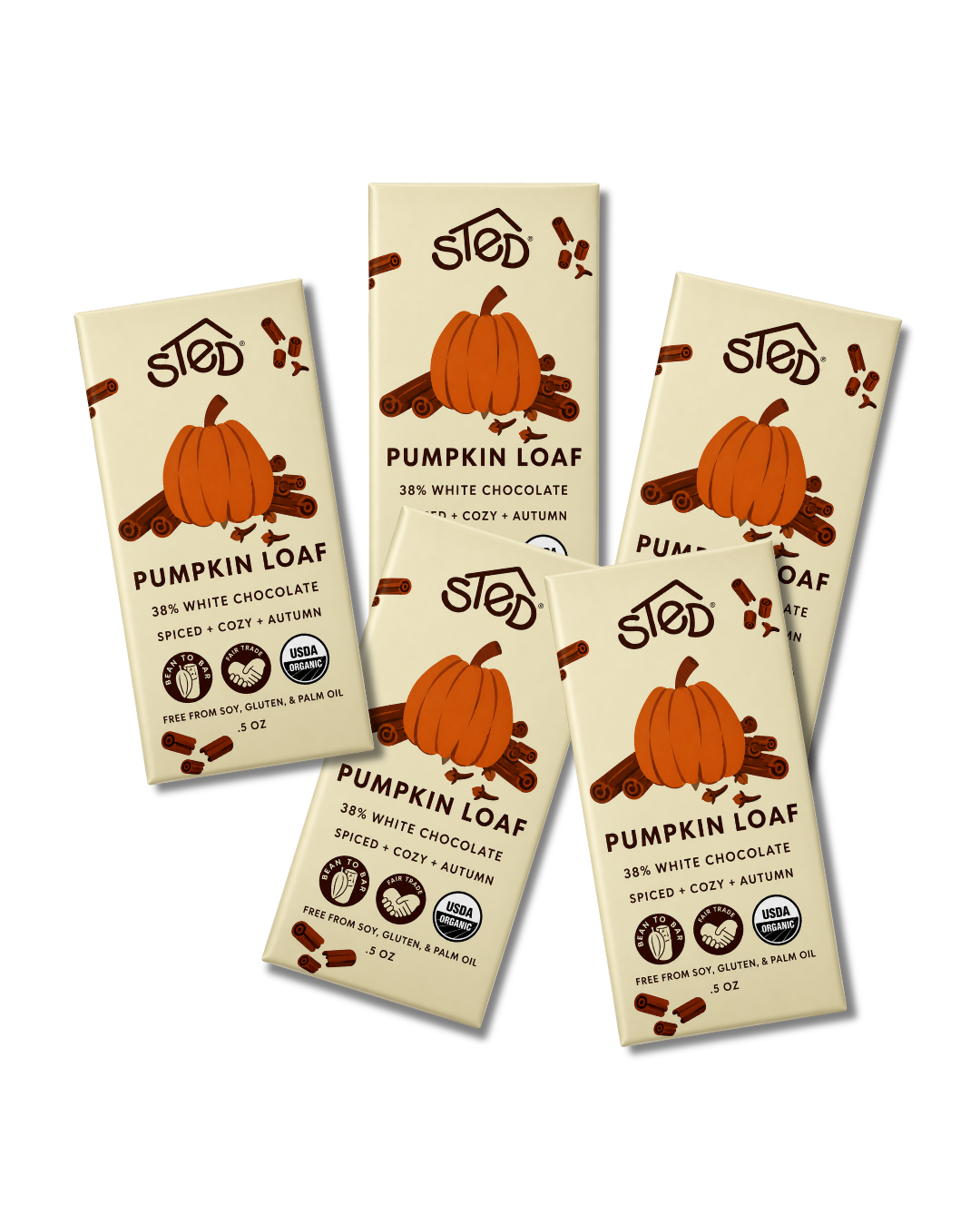Mini Pumpkin Loaf boxes set with angled fronts and pumpkin graphic, SLED label