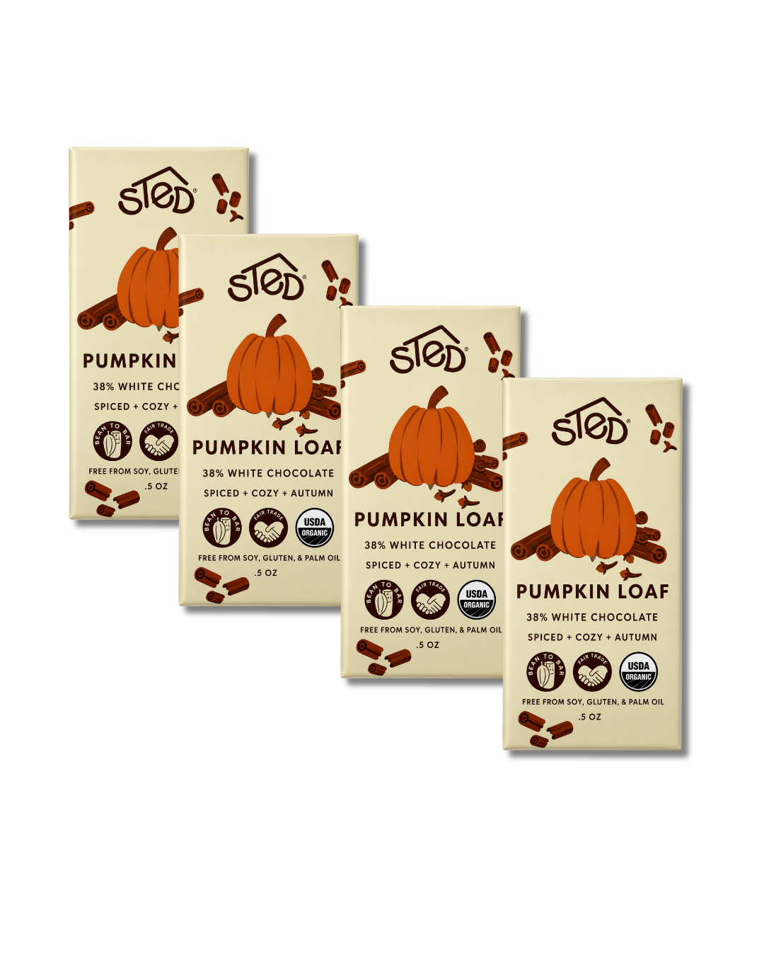 Mini Pumpkin Loaf boxes grouped with pumpkin graphic fronts, SLED branded packages