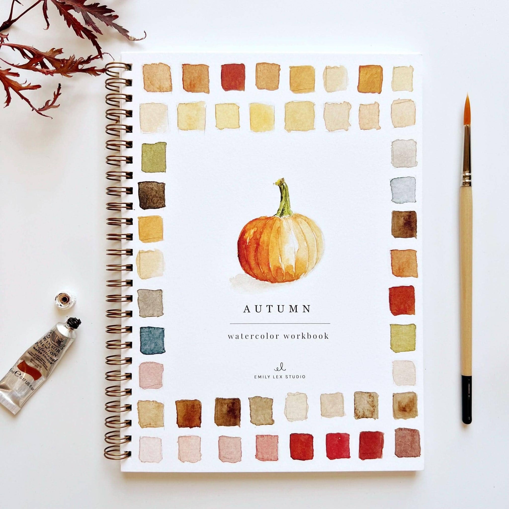Autumn watercolor workbook, spiral notebook cover with pumpkin and watercolor color swatches