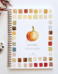 Autumn watercolor workbook, spiral notebook cover with pumpkin and watercolor color swatches