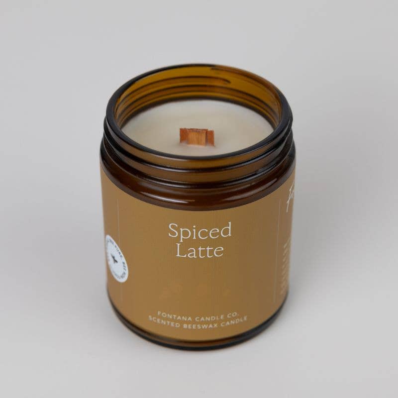 Spiced Latte scented beeswax jar candle in amber glass with unlit white wax pool