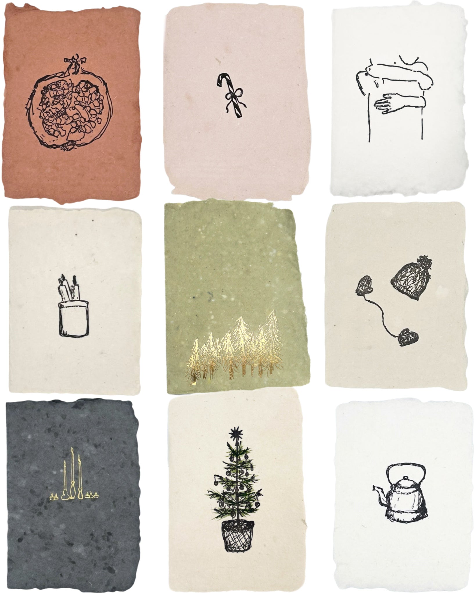 Holiday illustration card set with assorted designs: ornament, bow, candle, fir tree, and teapot