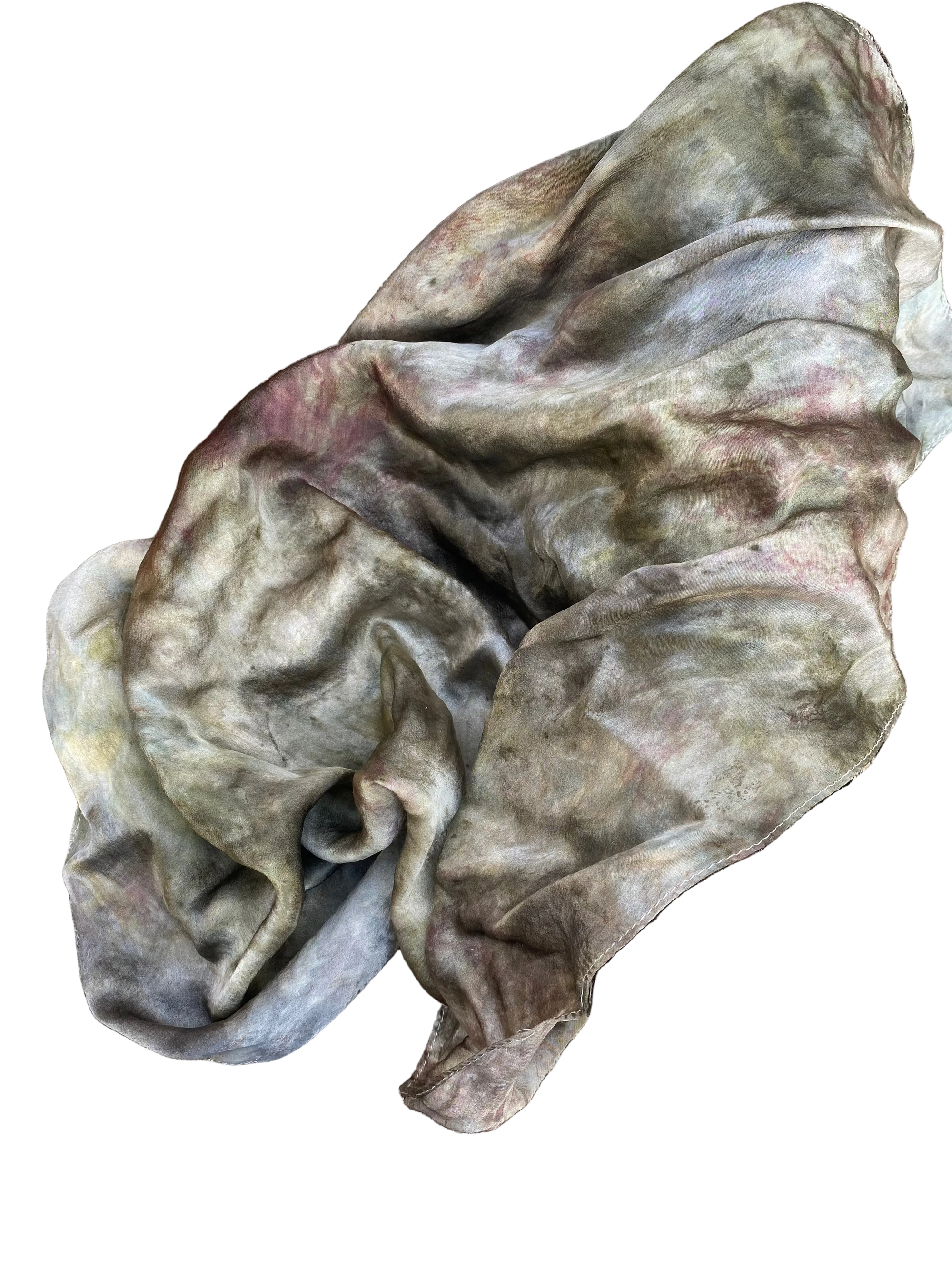 Ice-dyed silk bandana, gray-green with mauve swirls, folded